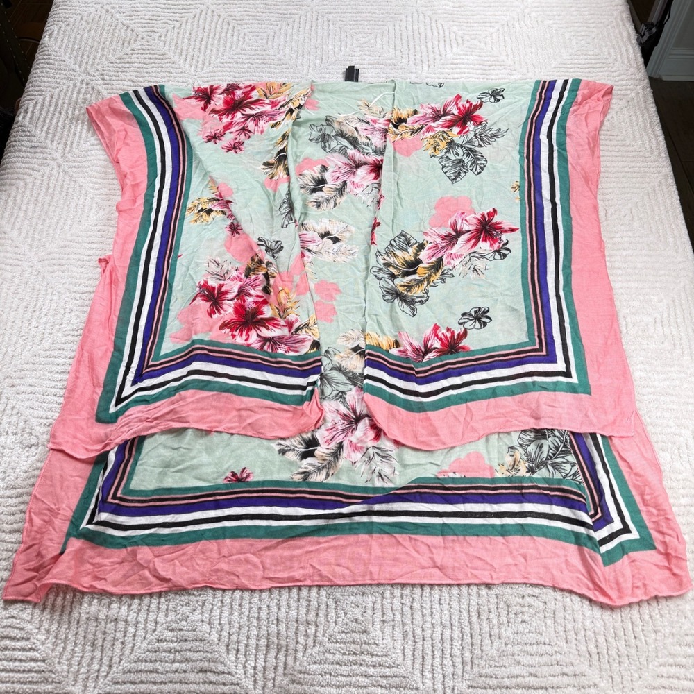 Express Kimono Wrap Womens OS Green Pink Tropical Floral Striped Beach Coverup